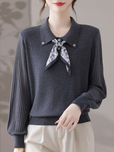 Jasmine Classic Lapel Scarf Pullover Knitted Top