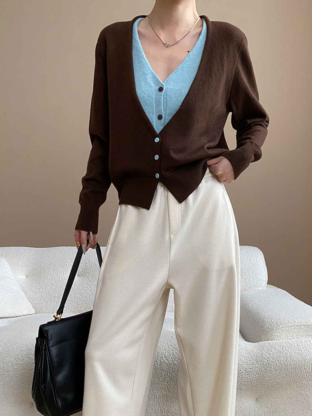 Gianna Classic V-Neck Contrast Mock Two-Piece Knitted Top