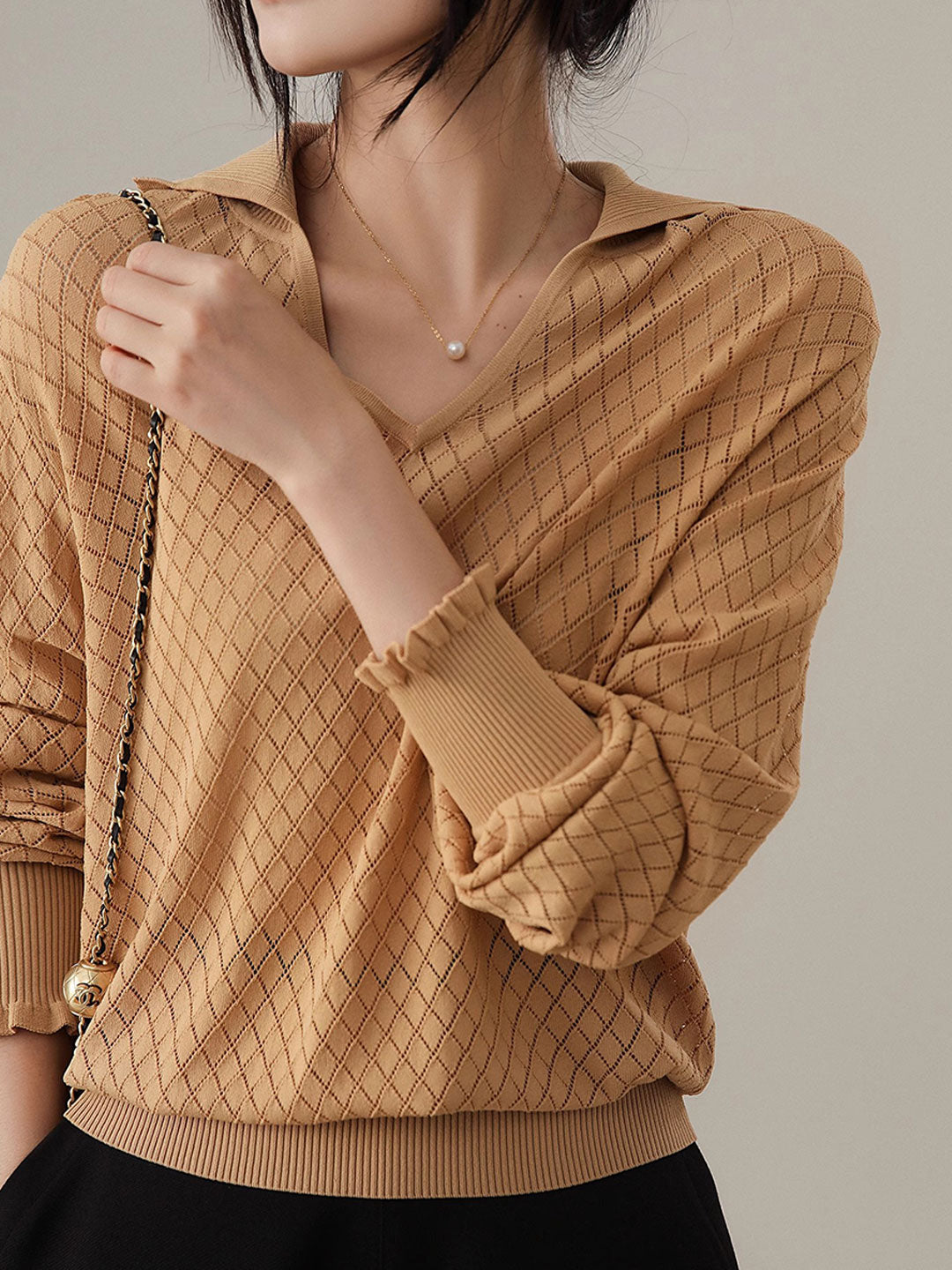 Ashley Classic V-Neck Hollow Solid Color Knitted Top