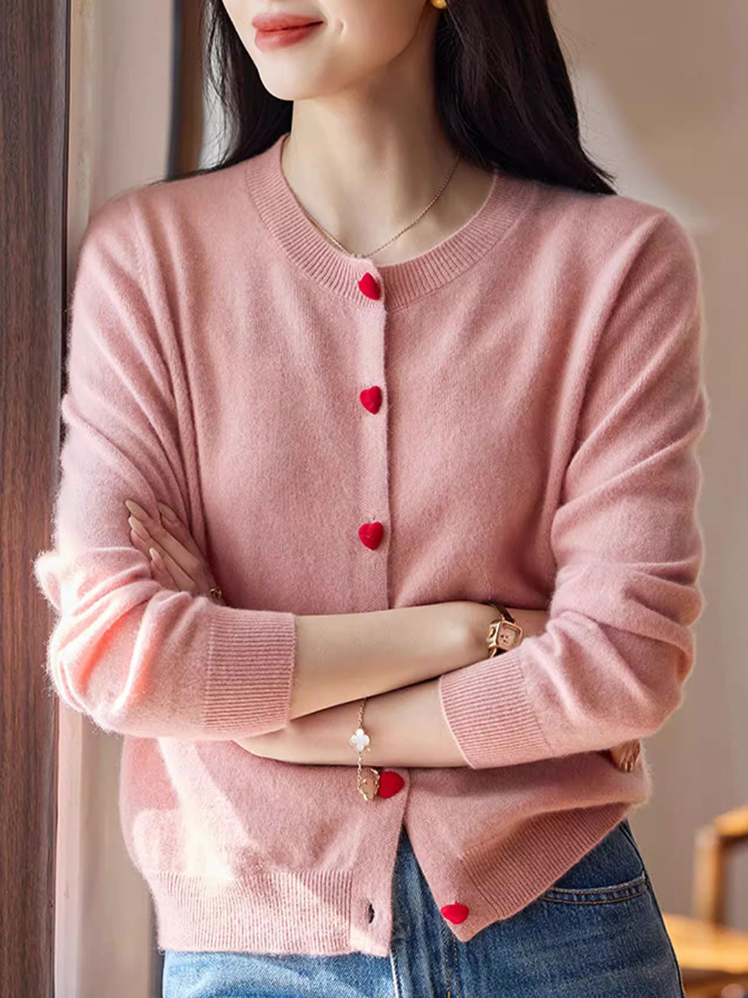Raya Elegant Crew Neck Heart Button Knitted Cardigan-Pink