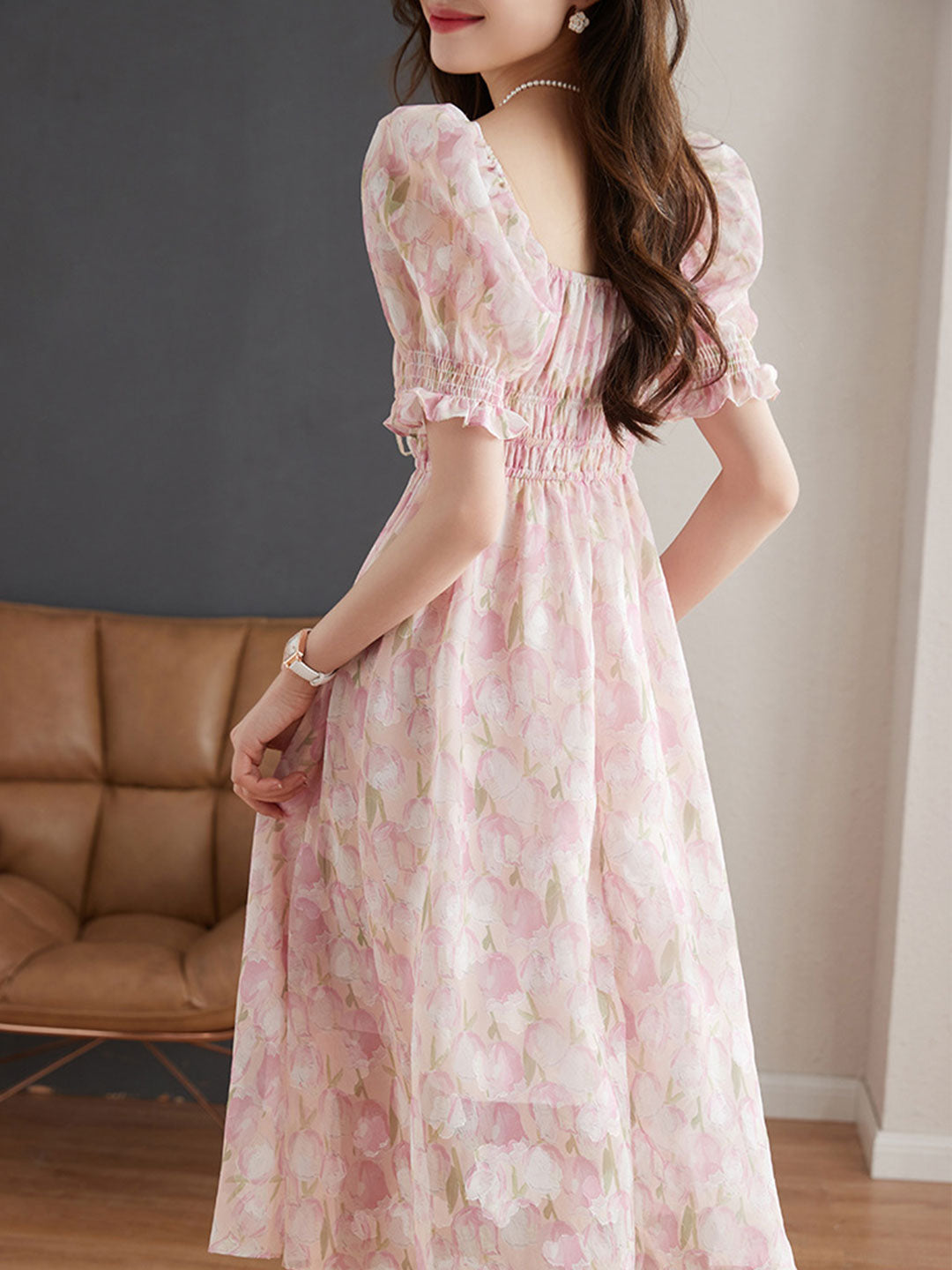 Kayla Classic Jacquard Puff Sleeve Chiffon Dress-Pink