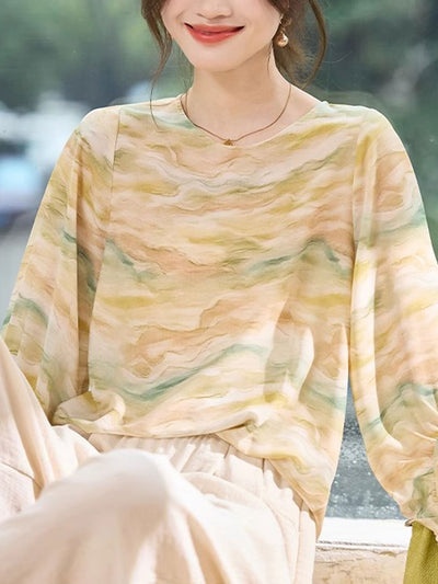 Rachel Loose Crew Neck Lantern Sleeve Chiffon Top