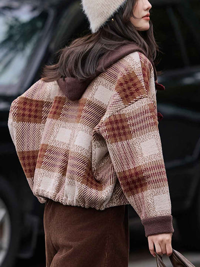 Brianna Casual Color-Blocked Plaid Hooded Top