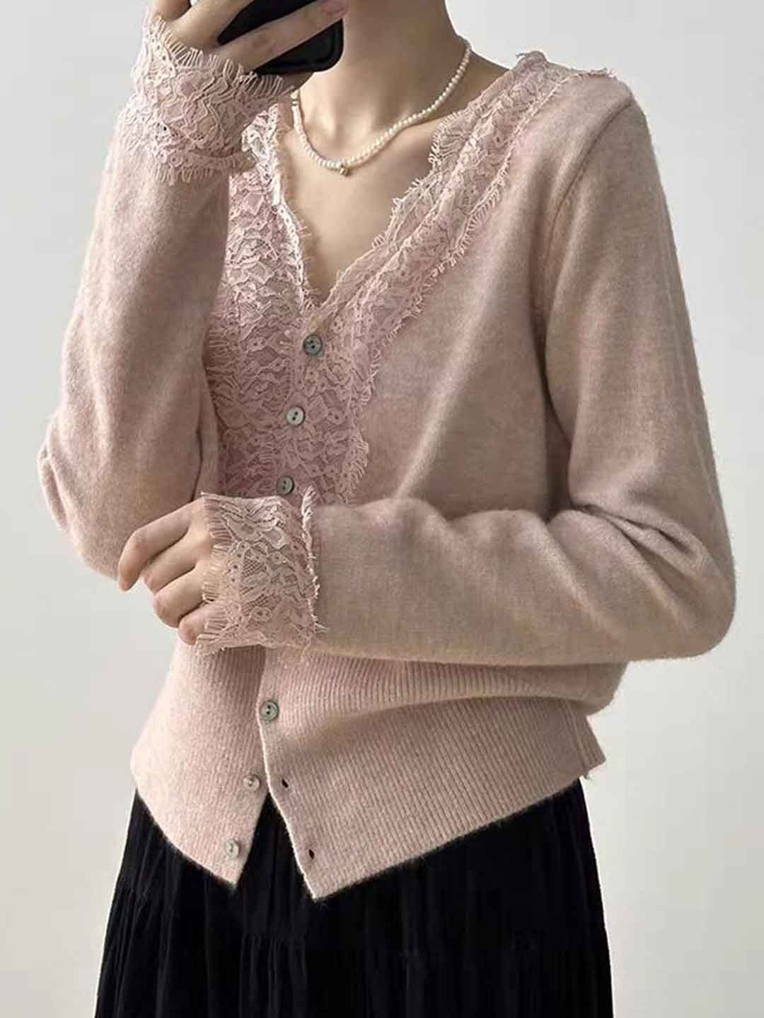 Trinity Slim V-Neck Lace Knitted Cardigan