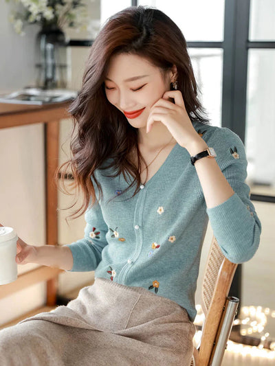 Alena Retro V-Neck Embroidered Sweater