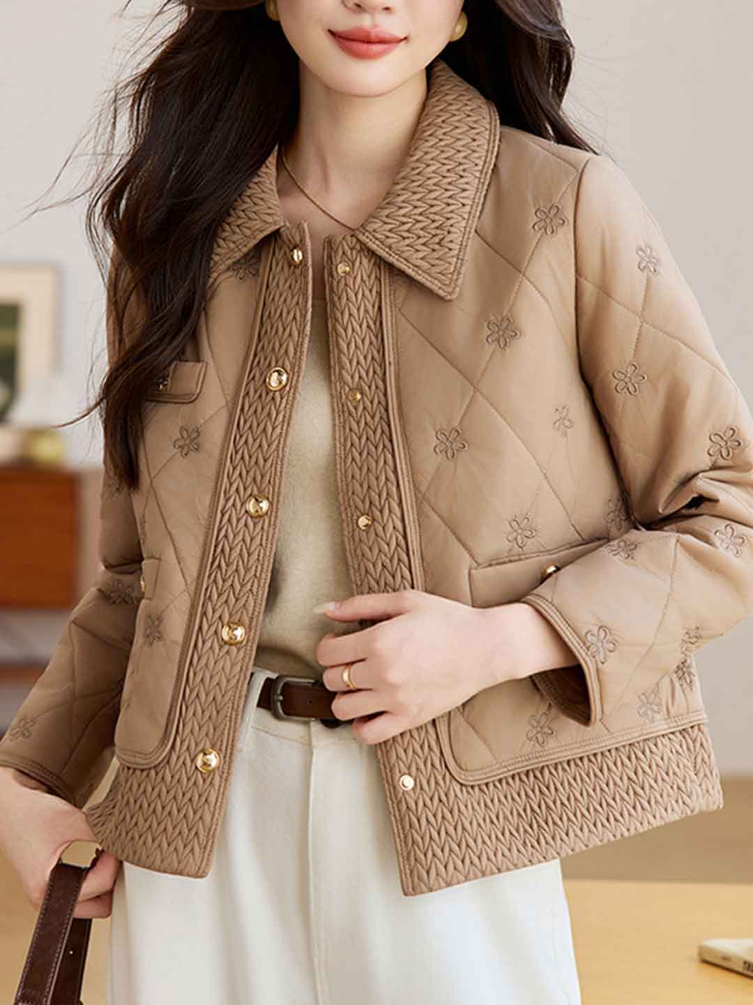 Emily Daily Lapel Floral Embroidered Winter Coat