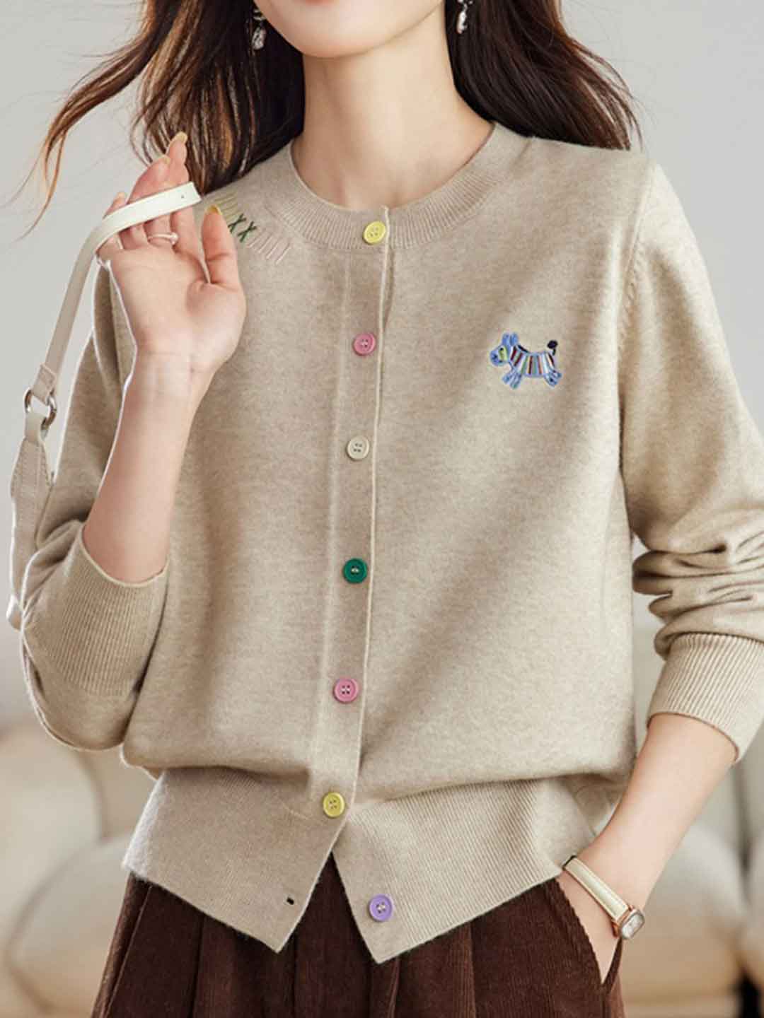 Camila Loose Embroidered Colorful Buttons Knitted Cardigan