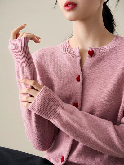 Raya Elegant Crew Neck Heart Button Knitted Cardigan-Pink