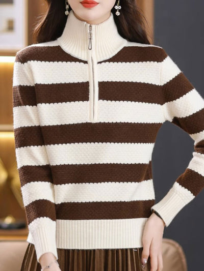 Sara Casual Lapel Contrast Striped Knitted Sweater