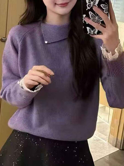 Jocelyn Classic Lapel Solid Color Knitted Lace Sweater