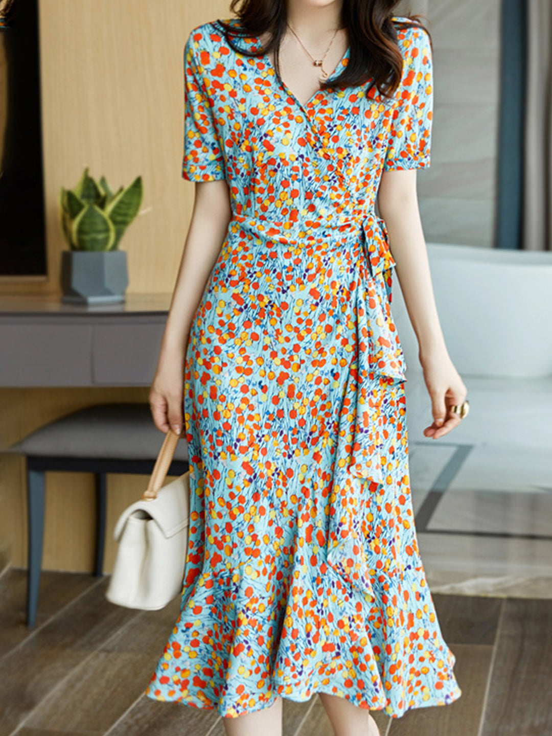 Ava Retro Irregular Floral Chiffon Dress