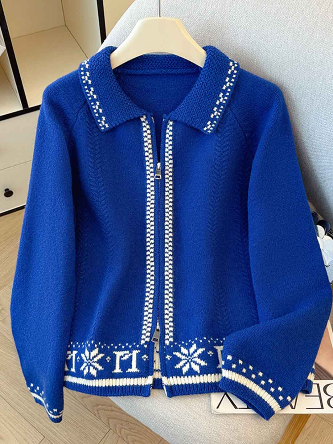 Ava Casual Lapel Jacquard Color-Block Knitted Cardigan