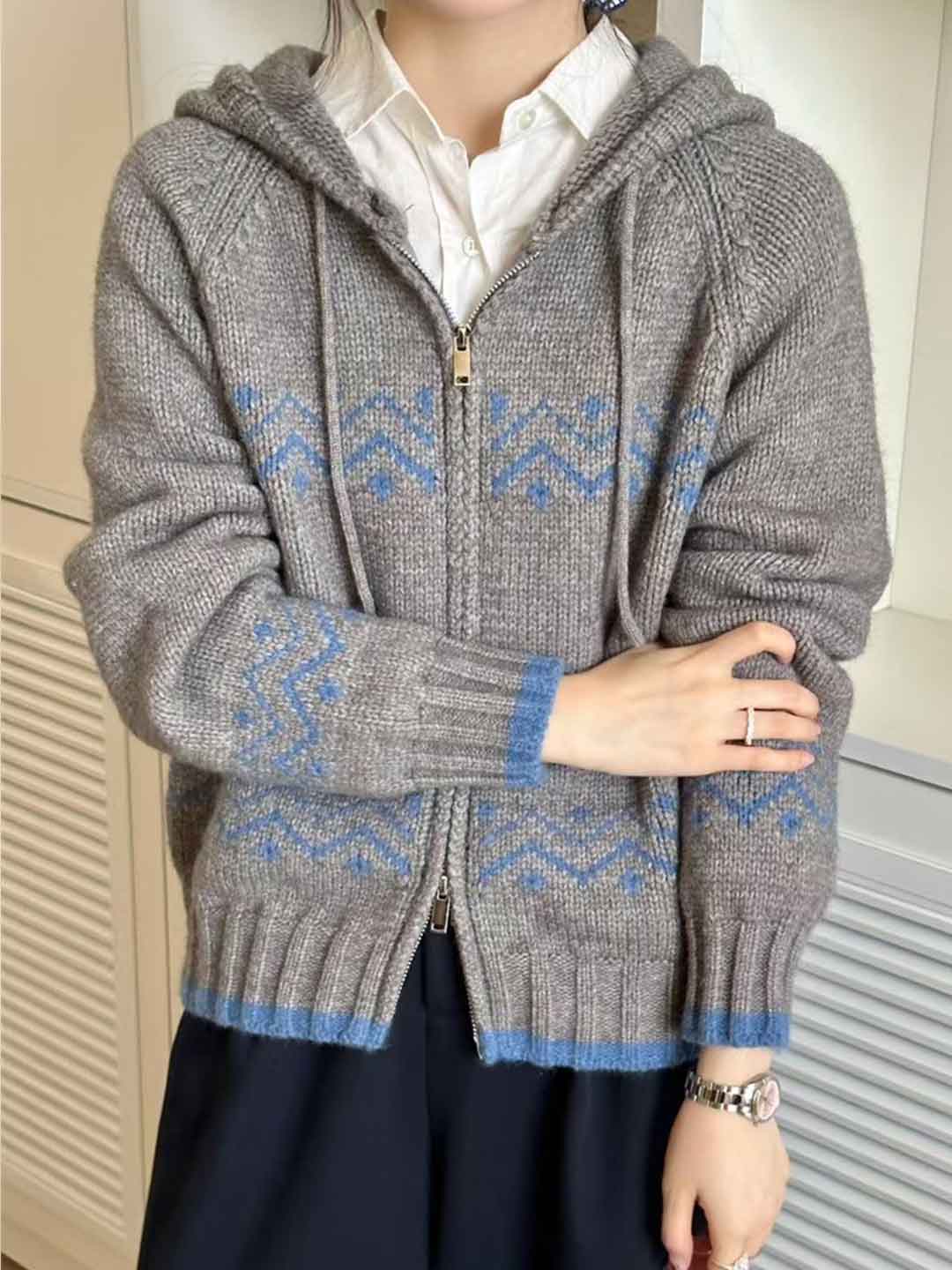Ashley Casual Jacquard Hooded Knitted Cardigan