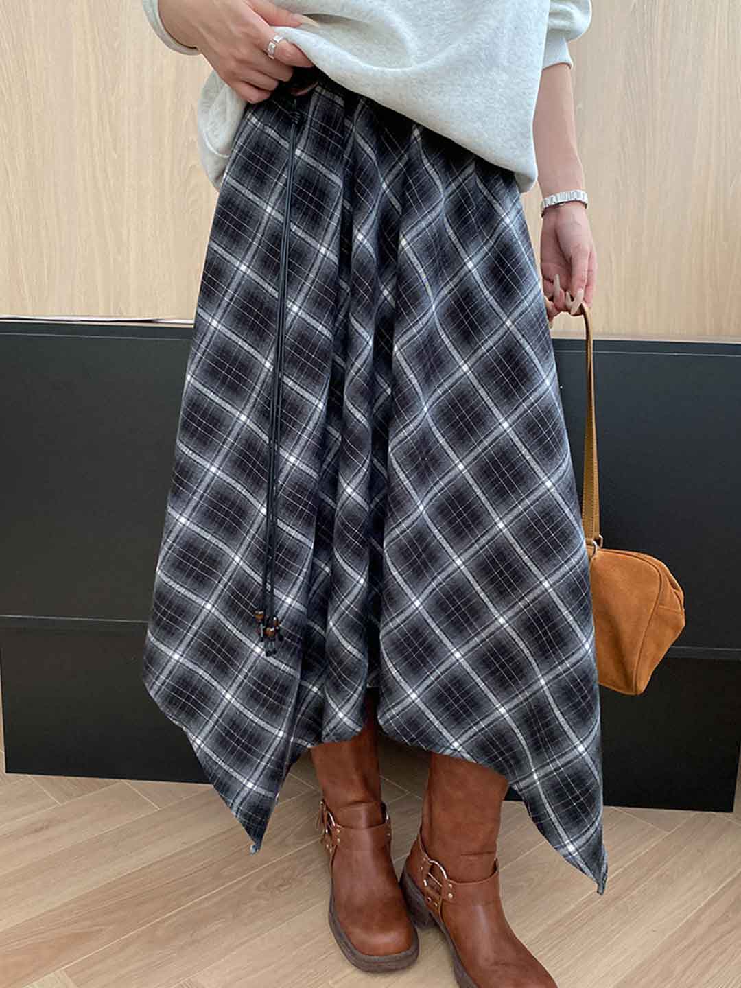 Emily Irregular Color-Blocked Plaid Skirt