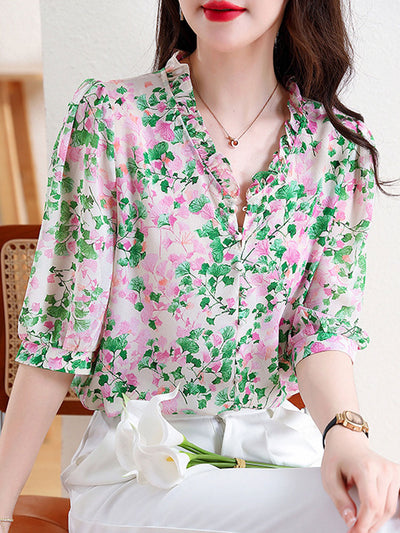 Mia Vacation V-Neck Ruffled Floral Chiffon Top-Red
