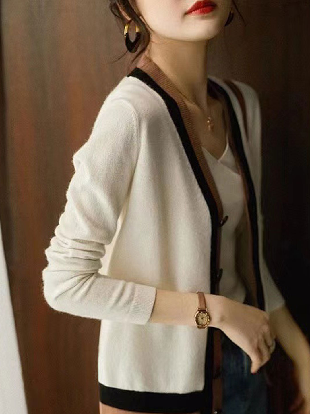 Anna Casual V-Neck Color Block Knitted Cardigan