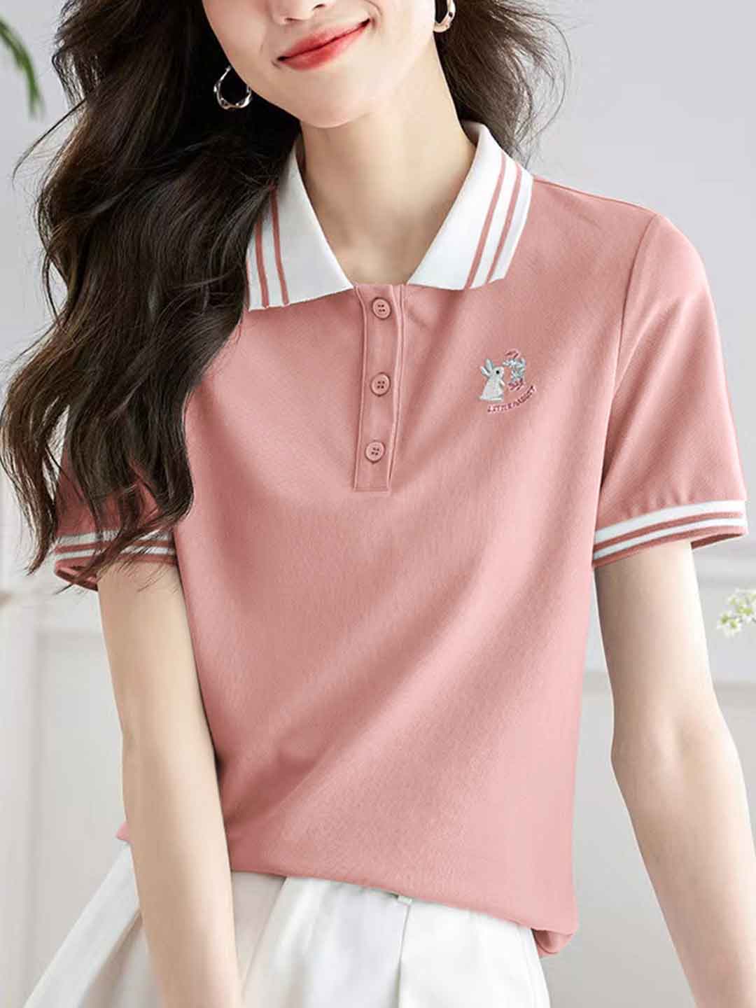 Claire Casual Polo Collar Solid Color Embroidered Top
