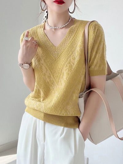 Mia Classic V-neck Knitted Sweater-Yellow