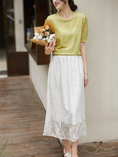 Brianna Casual Puff Sleeve Jacquard Beaded Knitted Top