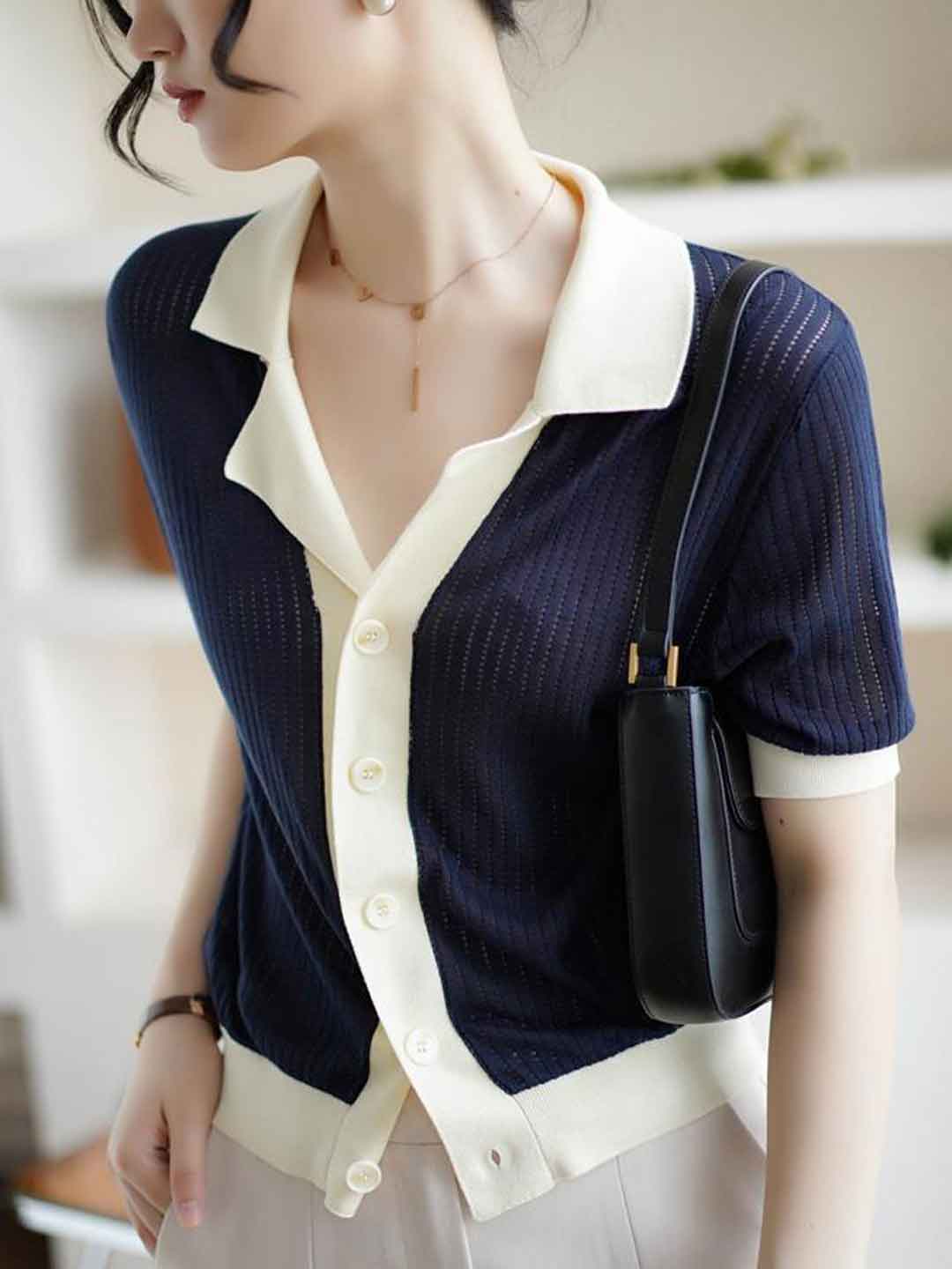Jessica Casual Lapel Contrasted Knitted Top