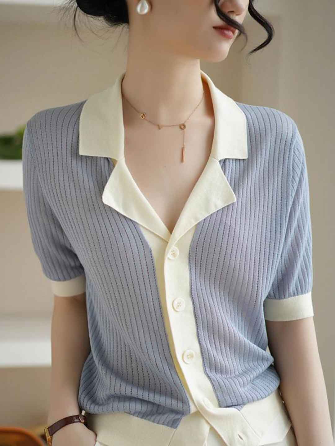 Jessica Casual Lapel Contrasted Knitted Top