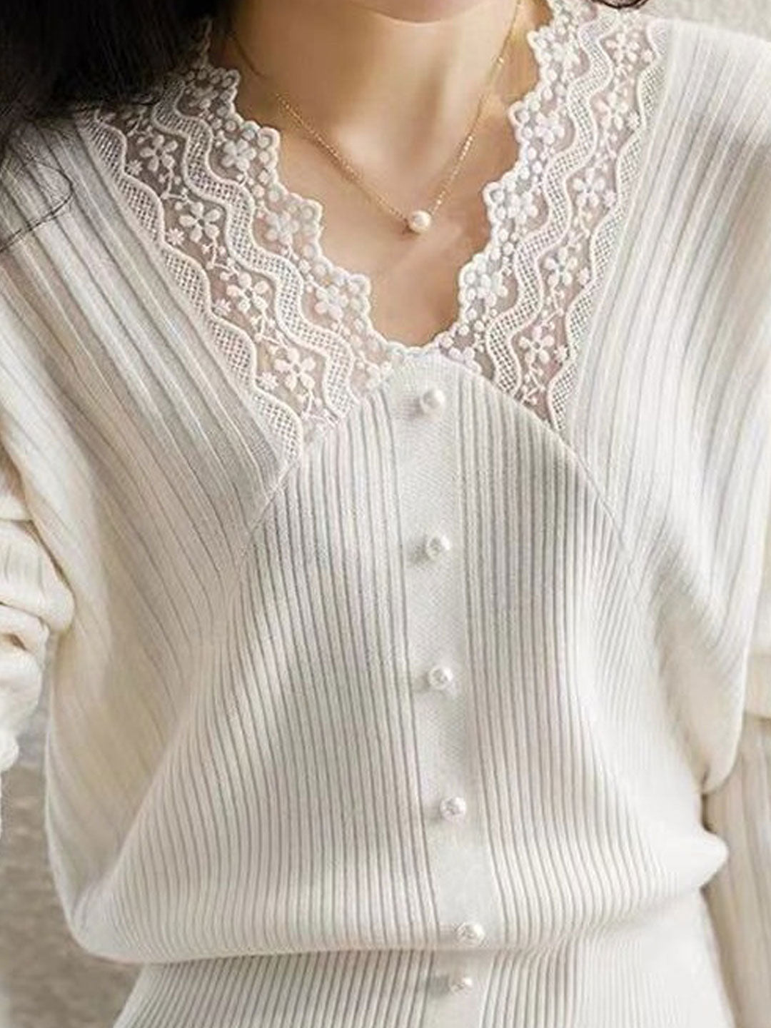 Victoria Elegant V-neck Hollowed Lace Knitted Top