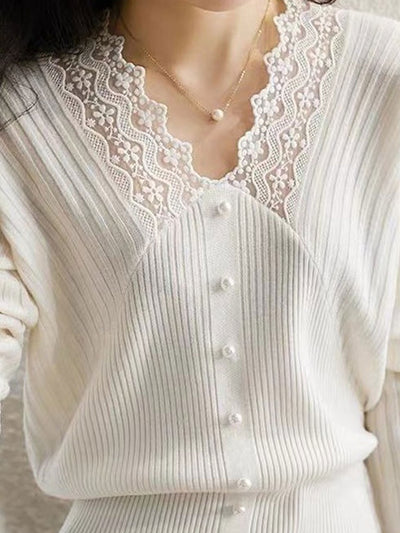 Victoria Elegant V-neck Hollowed Lace Knitted Top