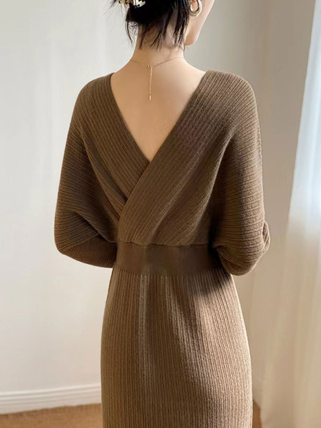 Grace Vintage V-neck Knitted Sweater Dress-Coffee