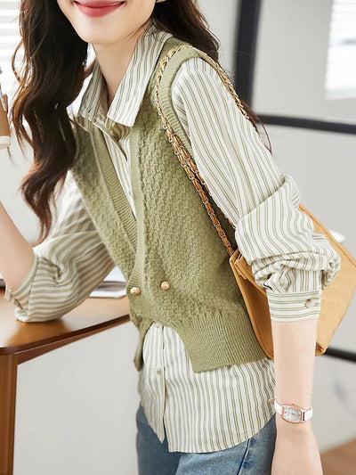 Jessica Elegant Striped Shirt With Knitted Vest Set
