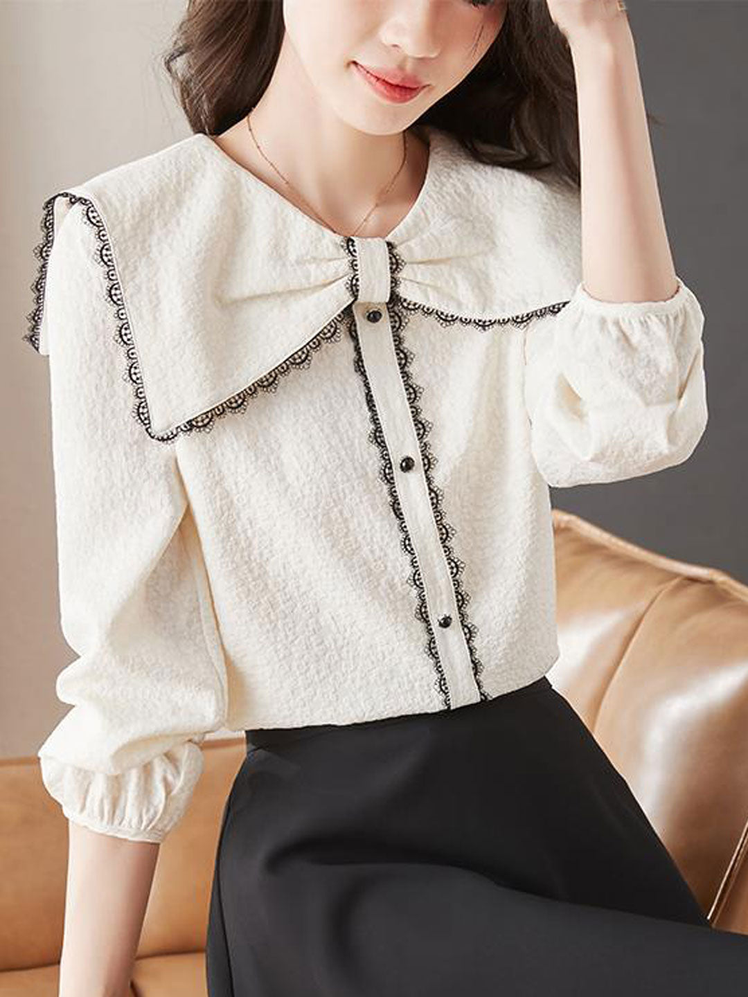 Trinity Classic Lattern Sleeve Lace Chiffon Shirt