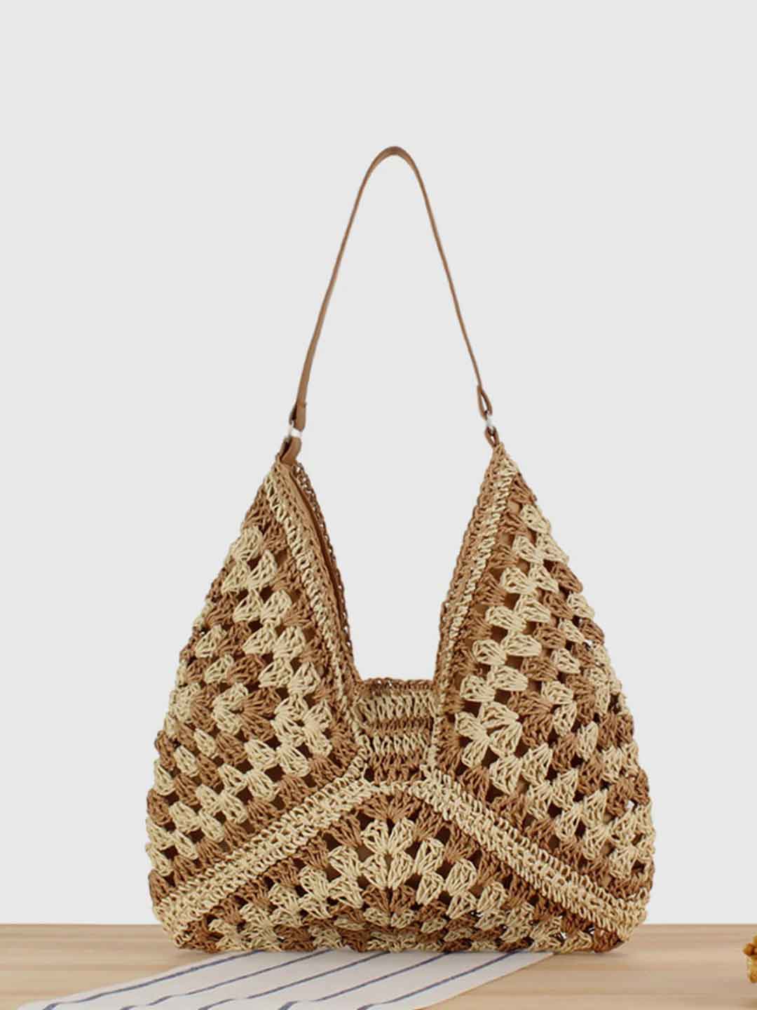 Hollow Color-Blocked Woven Bag