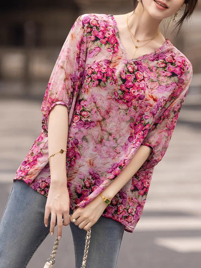 Ariana Loose V-Neck Floral Chiffon Top