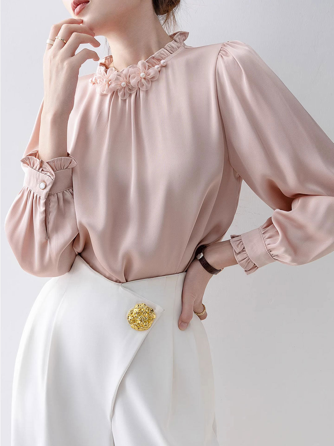 Jocelyn Classic Stand Collar Auricular Chiffon Top