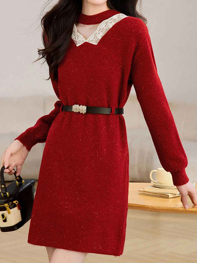 Brianna Vintage V-Neck Lace Patchwork Knitted Dress