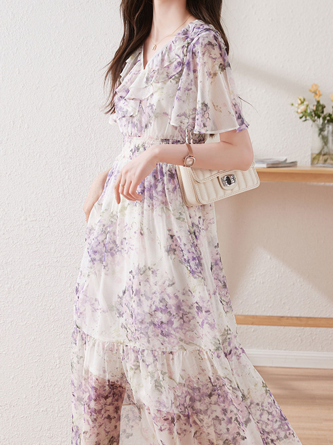 Valeria Retro Waisted Floral Chiffon Dress