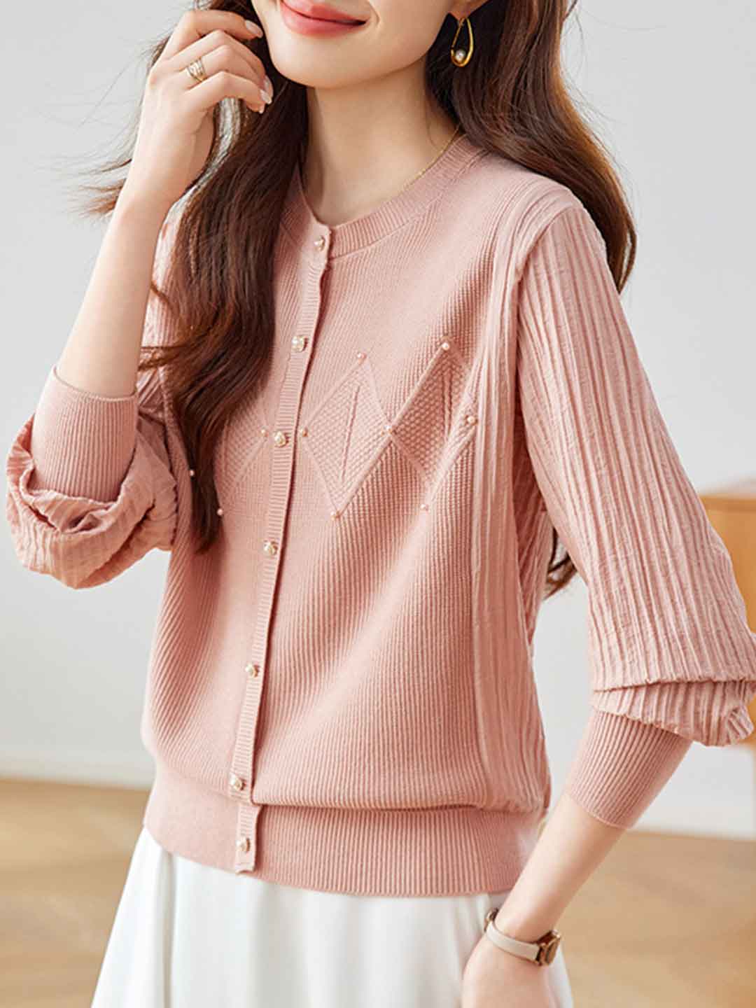 Maya Classic Crew Neck Patchwork Knitted Cardigan