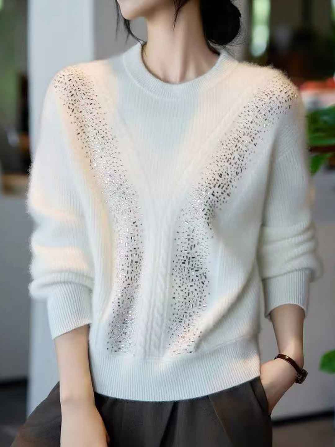 Sophie Loose Crew Neck Rhinestone Pullover Knitted Sweater