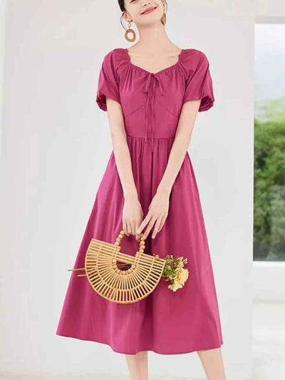 Faith Retro V-Neck Puff Sleeve Solid Color Dress