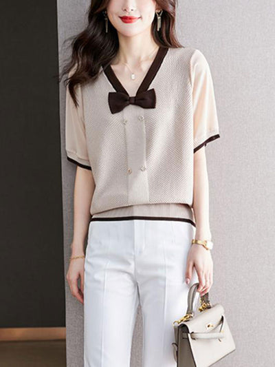 Brianna Loose V-neck Bow Knitted Top