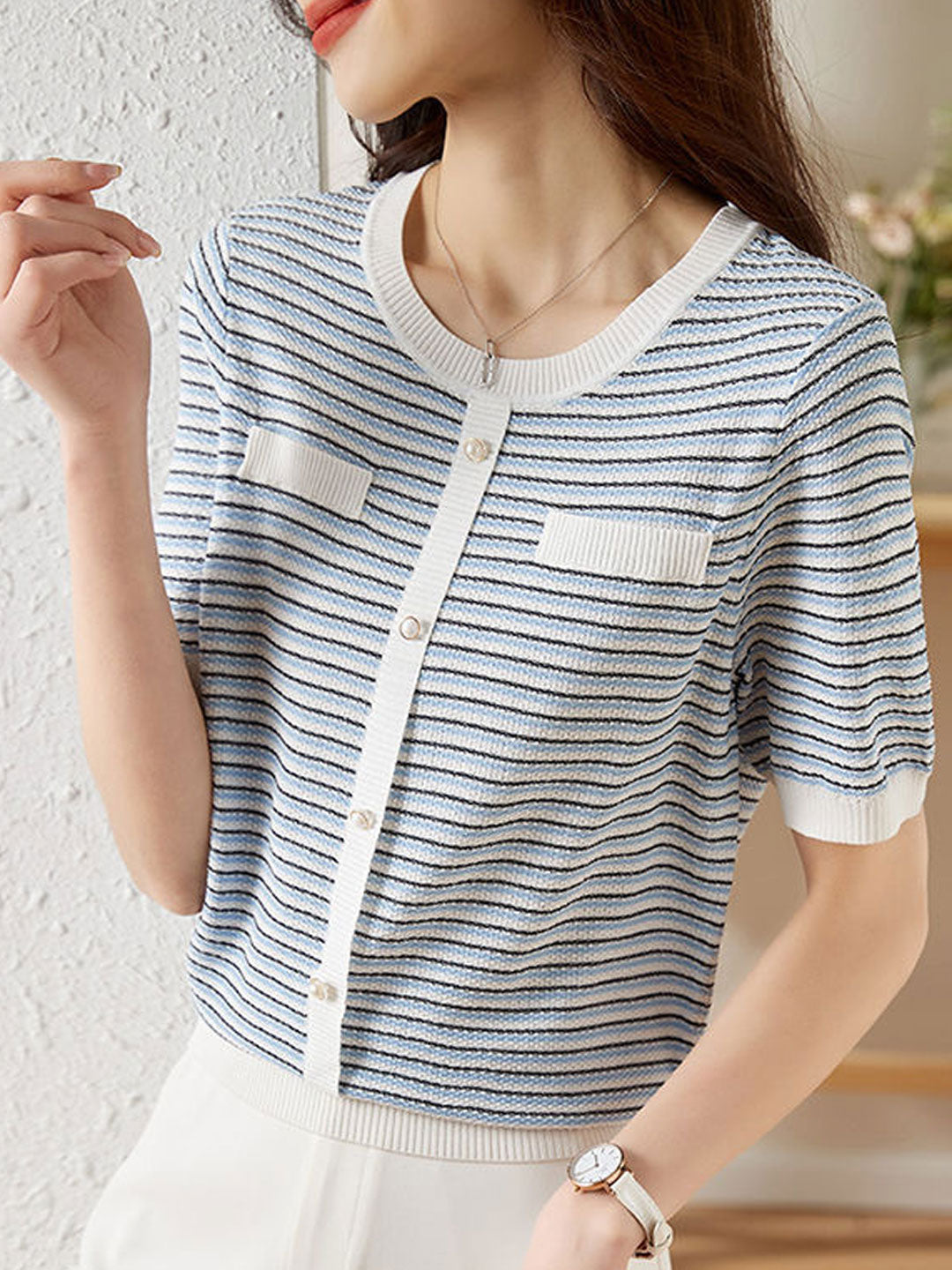 Anna Classic Crew Neck Striped Knitted Top