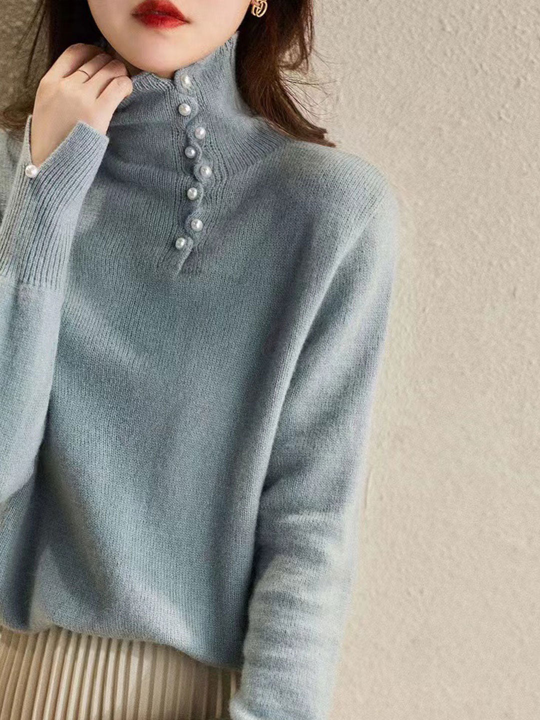 Ava Vintage Buttoned Turtleneck Knitted Sweater-Blue