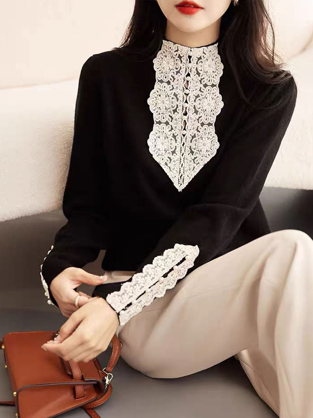 Olivia Retro Turtleneck Hollowed Lace Knitted Sweater