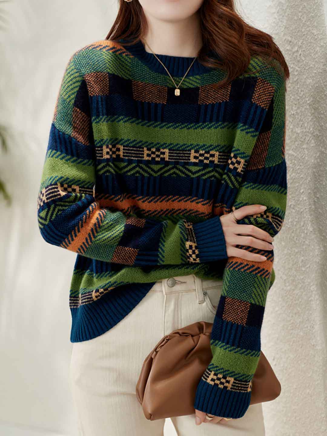 Aaliyah Loose Crew Neck Contrasted Striped Knitted Sweater