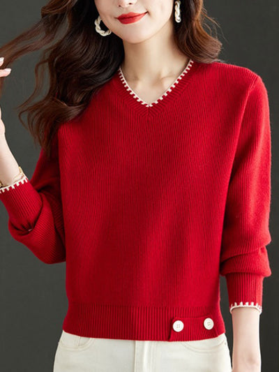 Isabella V-Neck Solid Color Knitted Sweater-Apricot