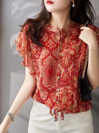 Brianna Loose Crew Neck Printed Chiffon Blouse