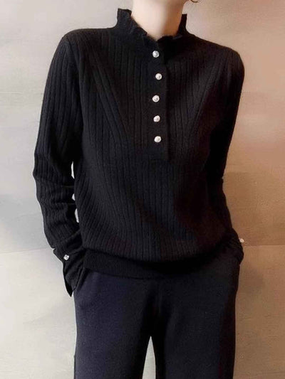 Maya Chic Auricular Lace Paneled Pearl Buttons Knitted Sweater