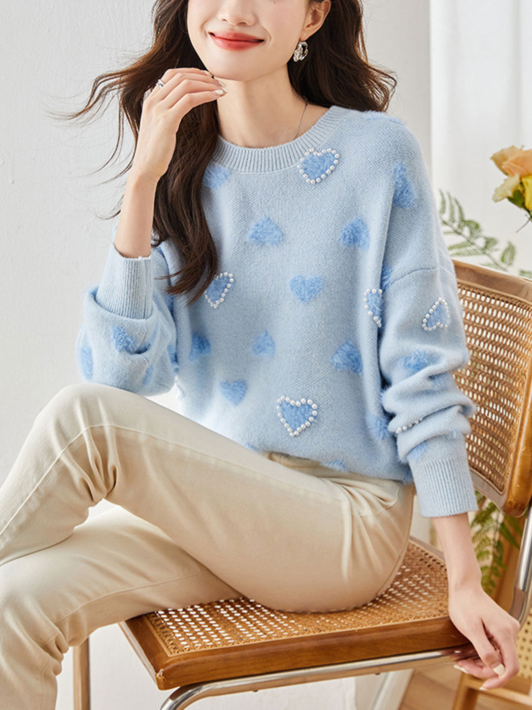 Alyssa Casual Hearted Pattern Knitted Sweater