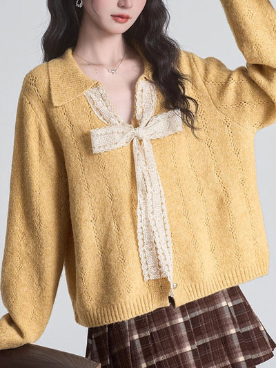Brianna Retro Lapel Hollowed Lace Knitted Cardigan
