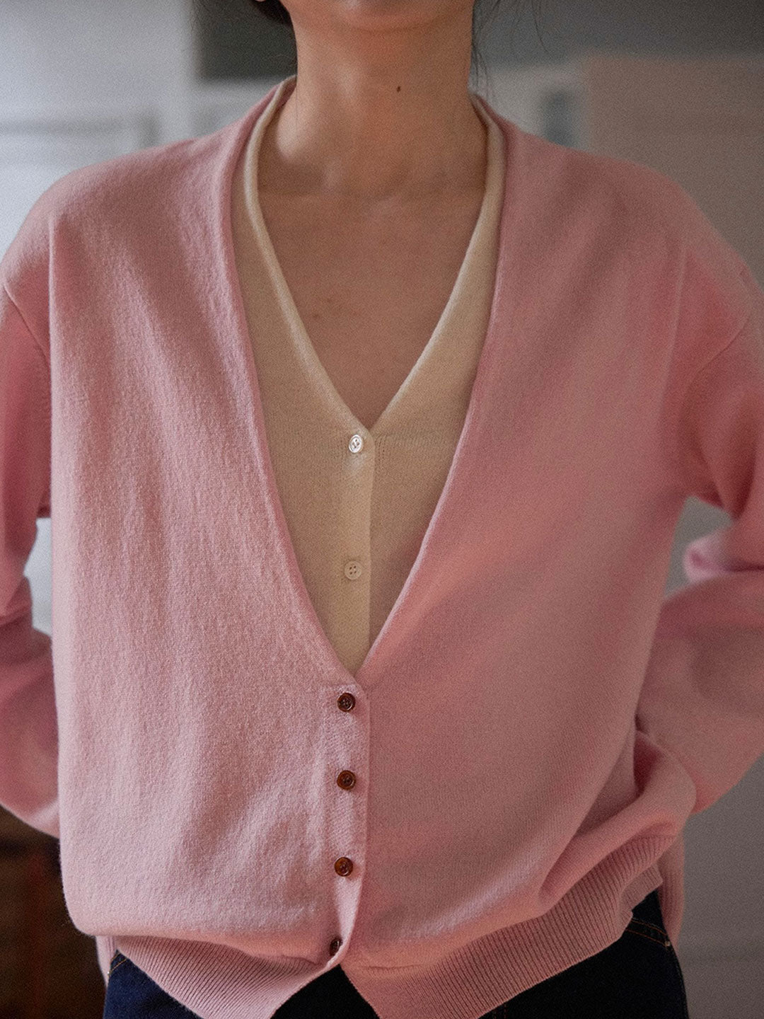 Andrea Classic V-Neck Faux Two-Piece Knitted Cardigan