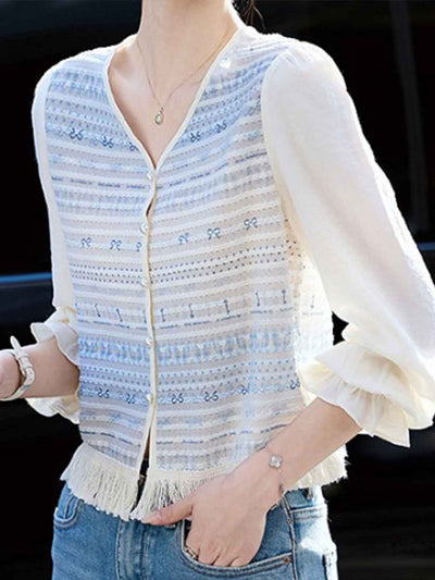 Mariah Loose V-Neck Hollowed Embroidered Chiffon Top